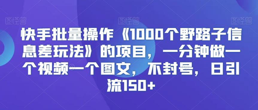 快手批量操作《1000个野路子信息差玩法》的项目，一分钟做一个视频一个图文，不封号，日引流150+【揭秘】-金腾创业