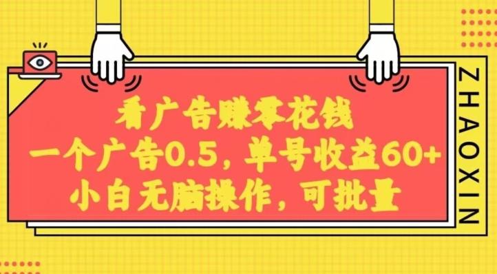无脑看广告获取收益，一条广告0.5，日稳定60-100+，可批量放大，超级稳定-金腾创业