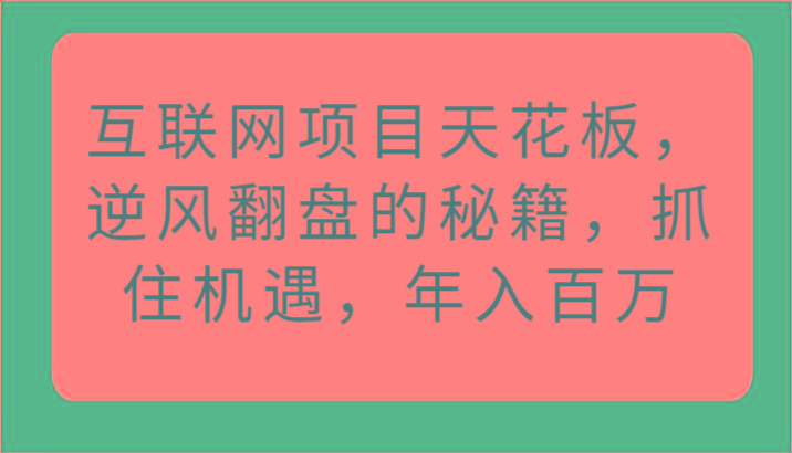 互联网项目天花板，逆风翻盘的秘籍，抓住机遇，年入百万-金腾创业