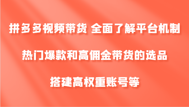 拼多多视频带货 全面了解平台机制、热门爆款和高佣金带货的选品，搭建高权重账号等-金腾创业
