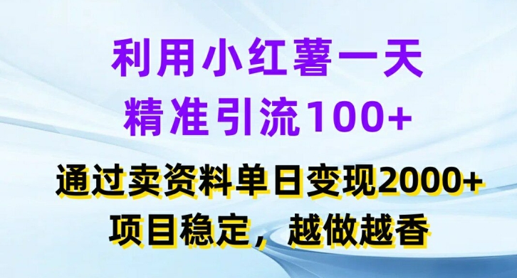 利用小红书一天精准引流100+，通过卖项目单日变现2k+，项目稳定，越做越香【揭秘】-金腾创业