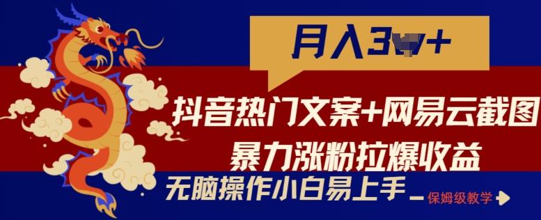 抖音热门文案+网易云截图暴力涨粉拉爆收益玩法，小白无脑操作，简单易上手【揭秘】-金腾创业